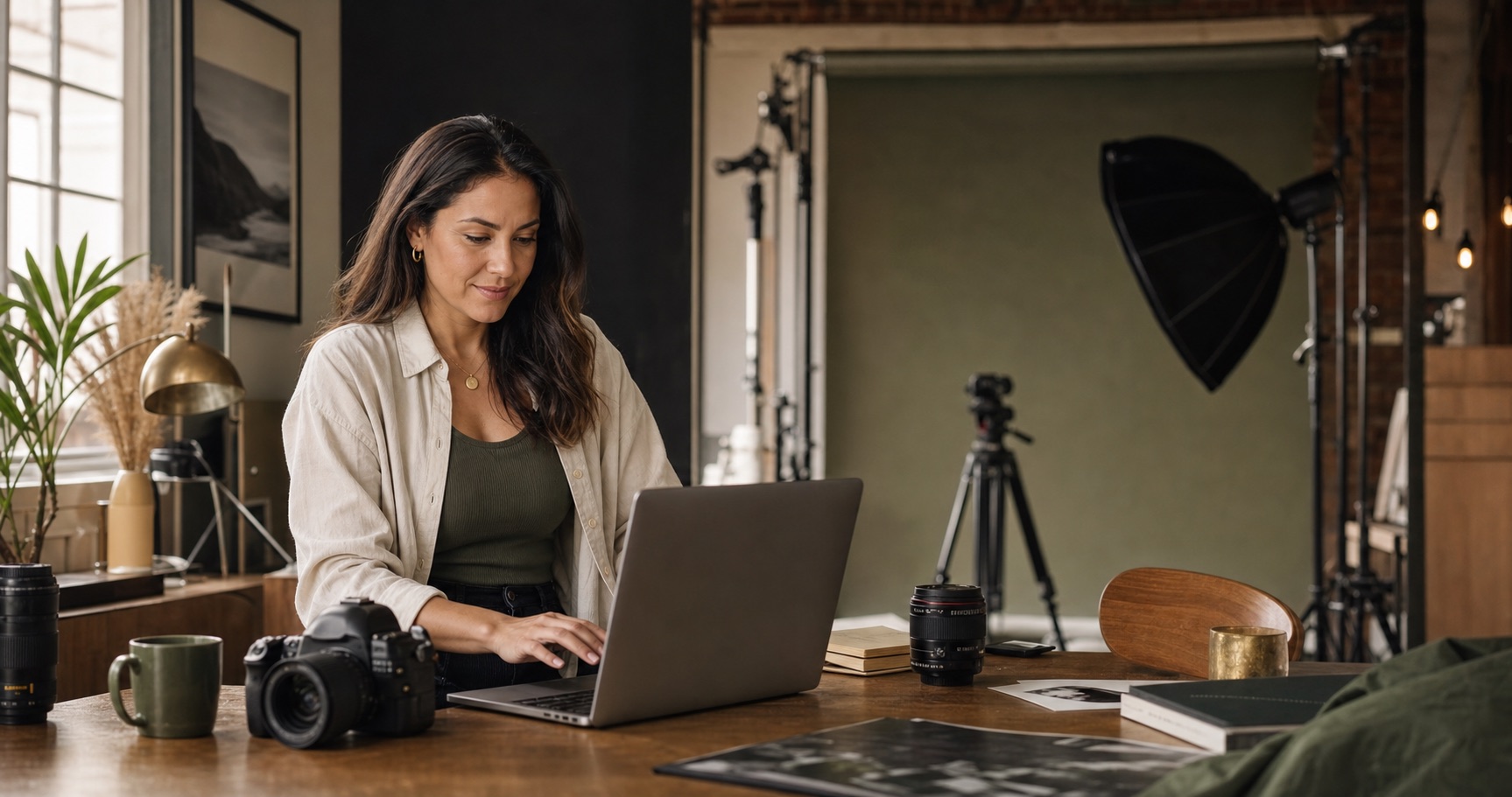 Fotógrafa trabajando una cotización profesional en su estudio con una cámara y su laptop